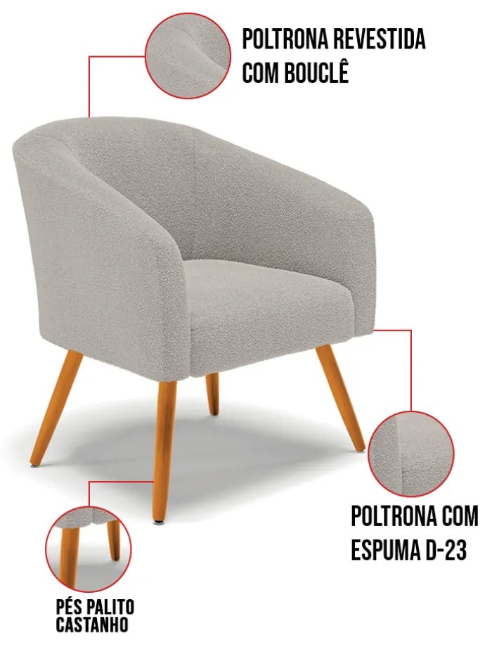 Poltrona Decorativa Pé Palito Castanho Stella Bouclê D03 - D'Rossi - Cinza