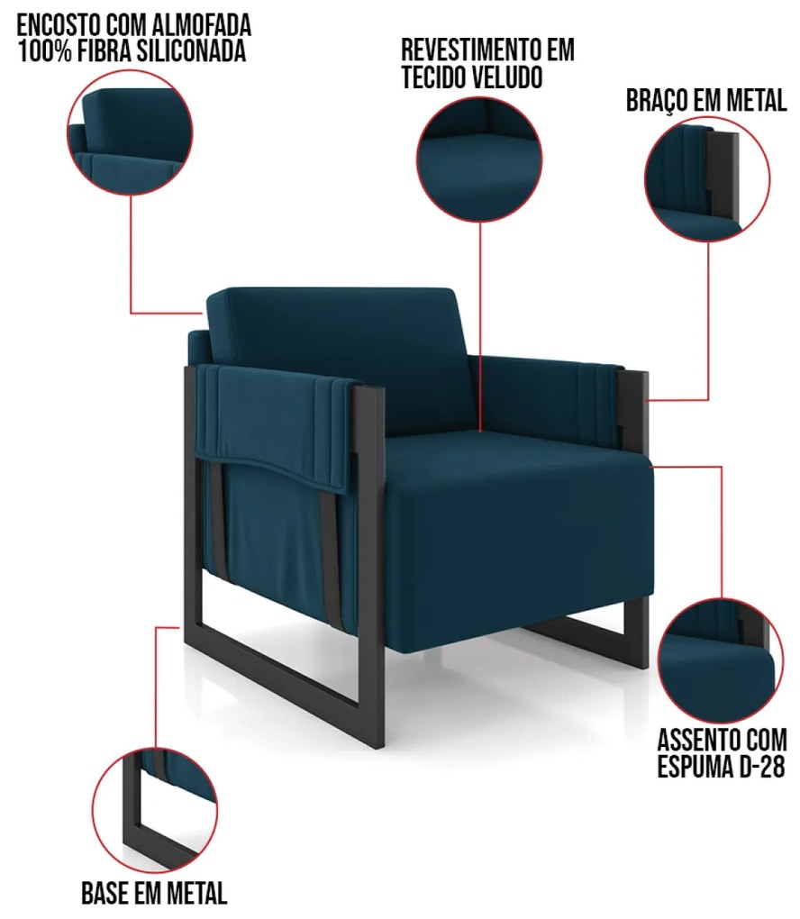 Poltrona Decorativa Base Industrial Rory Veludo K01 - D'Rossi - Azul