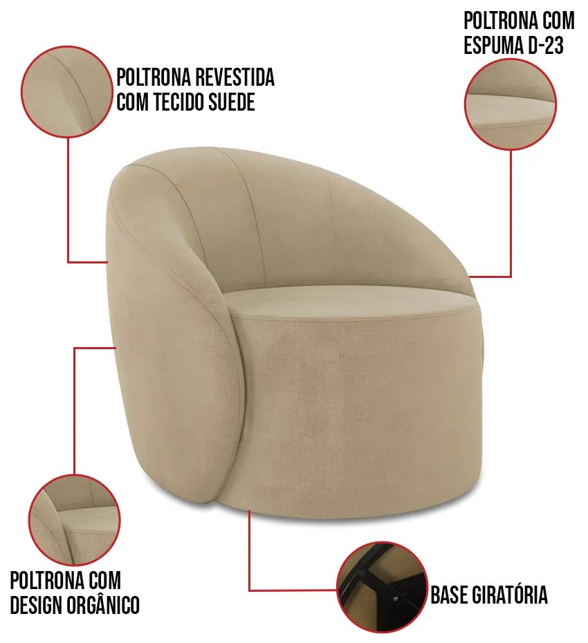 Sofá 4 Lugares Orgânico 220cm Morgan e 2 Poltronas Lua Suede D03 - D'Rossi - Marrom Rato
