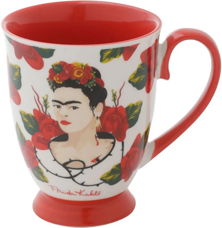 Caneca Porcelana Rococó Frida Kahlo Face Red Roses