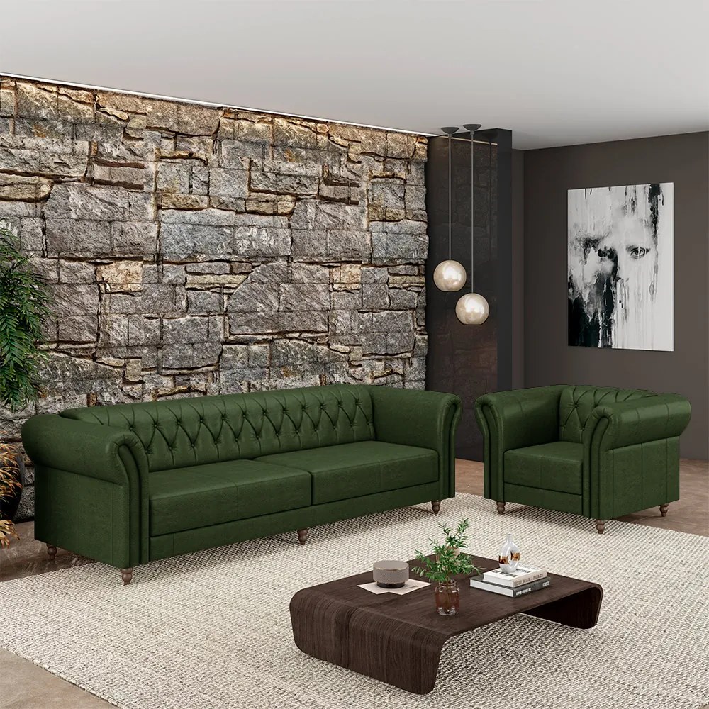 Conjunto Sala de Estar 1 Sofá Living 240cm e 1 Poltrona Stanford Chesterfield Pés Madeira Couro Verde Manchado G58 - Gran Belo