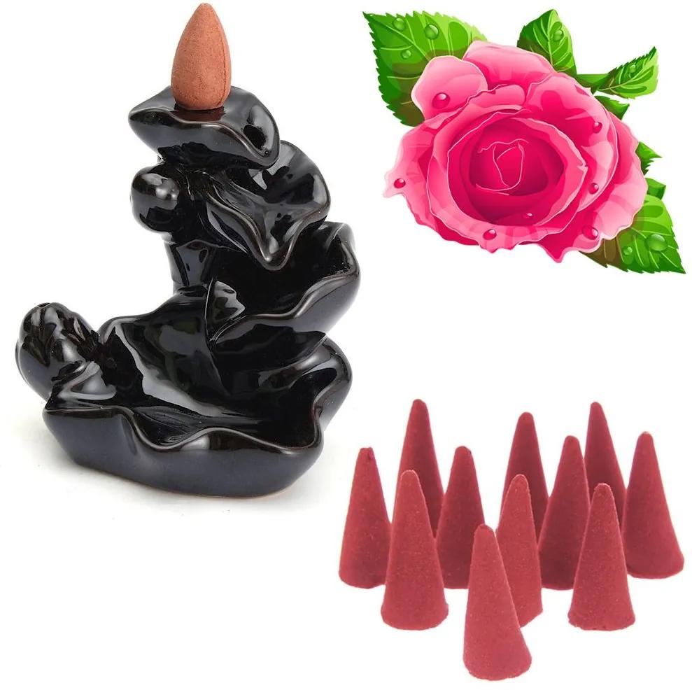 Cascata de Fumaça Flor de Lótus + 10 Incensos Cone (Rosas)