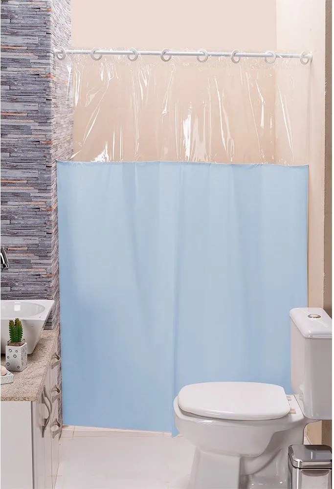 Cortina Box para Banheiro PVC Antimofo Azul 1,40 x 1,98 cm com Visor e Ilhós para Varão 1,20 Metros