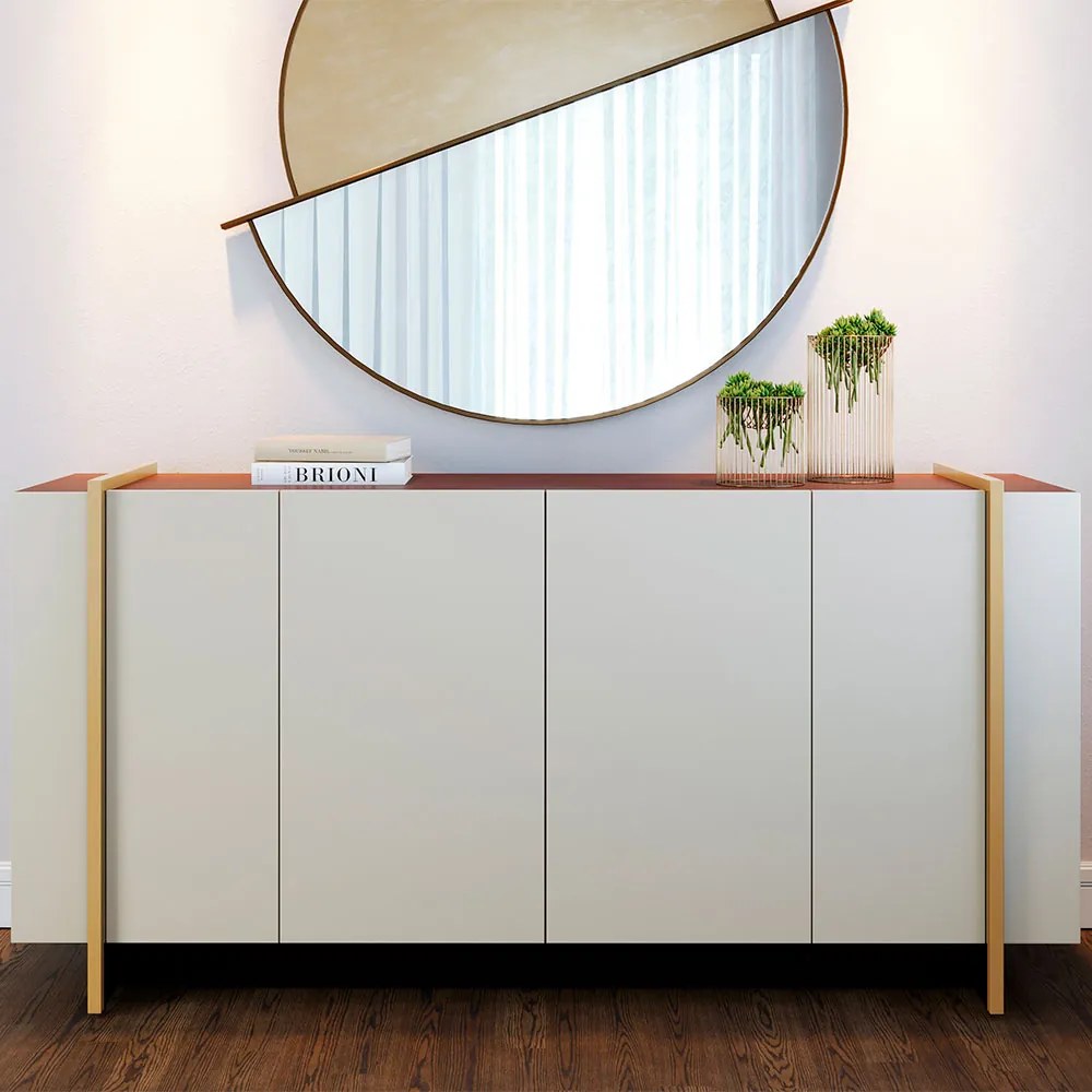 Aparador Buffet 4 Portas Oliwia 160cm Sala Jantar Pé Dourado C04 - D'Rossi - Off White e Nogueira
