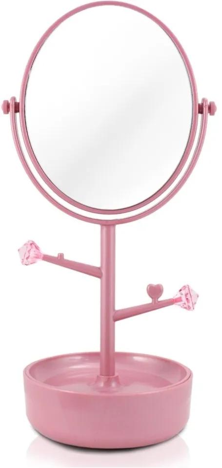 Espelho de Mesa Duplo com Aumento 5x e Porta Bijus Jacki Design Beauty Rosa