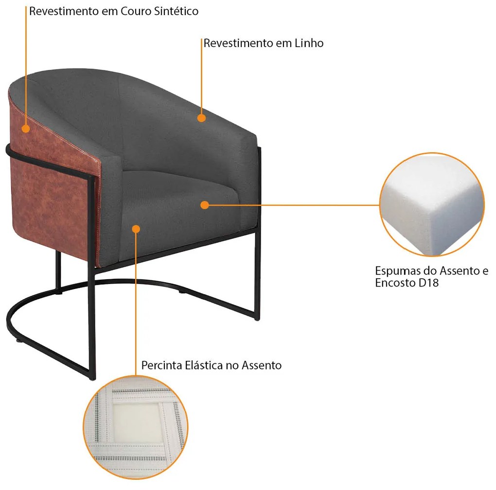 Poltrona Luiza Base de Ferro Preto Corano Nozes e Linho Cinza Escuro - ADJ Decor