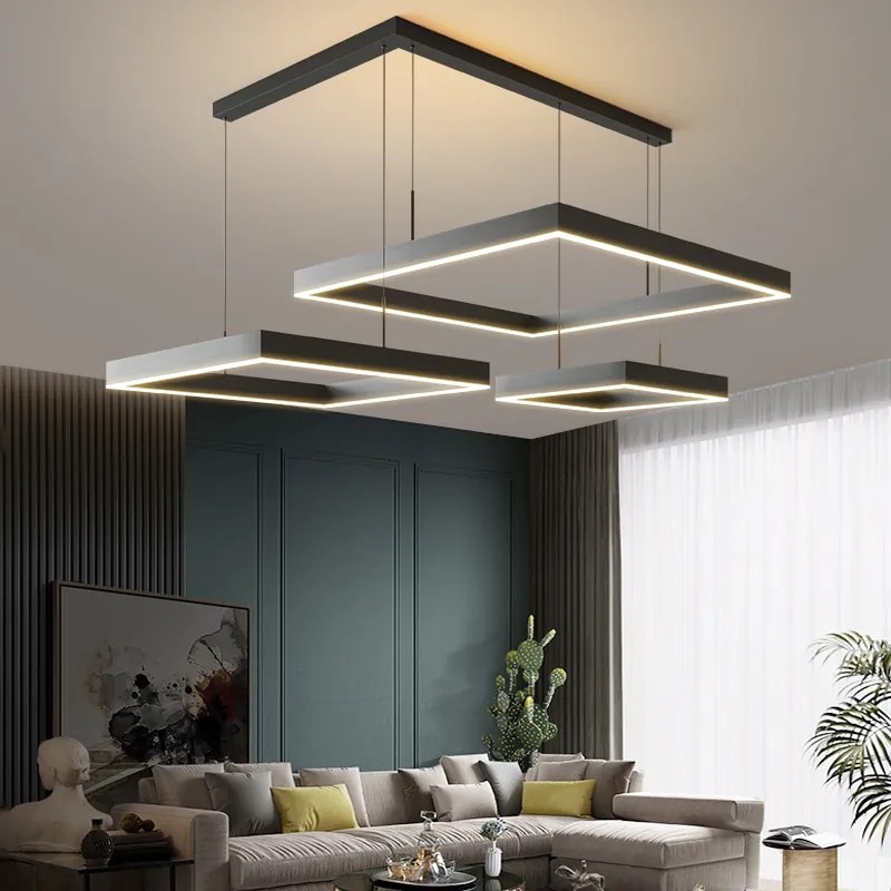 Pendente  Led moderno lustre de teto sala estar concisa pendente lâmpada sala jantar quadrado nordic lâmpadas led teto luzes da sala estar - Black B 40x60cm - Branco frio sem controle remoto