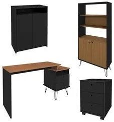 Conjunto Escritório Home Office 4 Peças Lux Industrial A06 Freijó/Pret