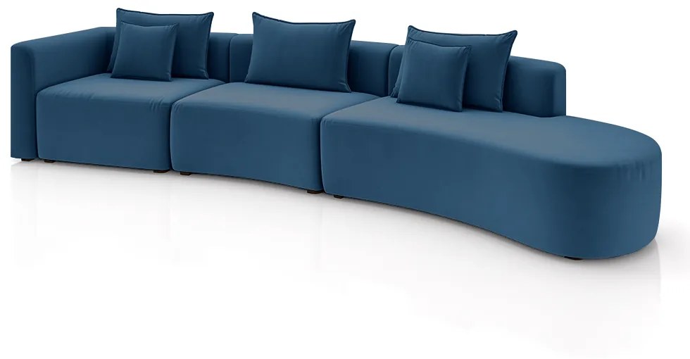 Sofá Curvo Decorativo Kimiko 437Cm 5 Lugares Sala de Estar com Chaise Veludo Azul Petróleo G52 - Gran Belo