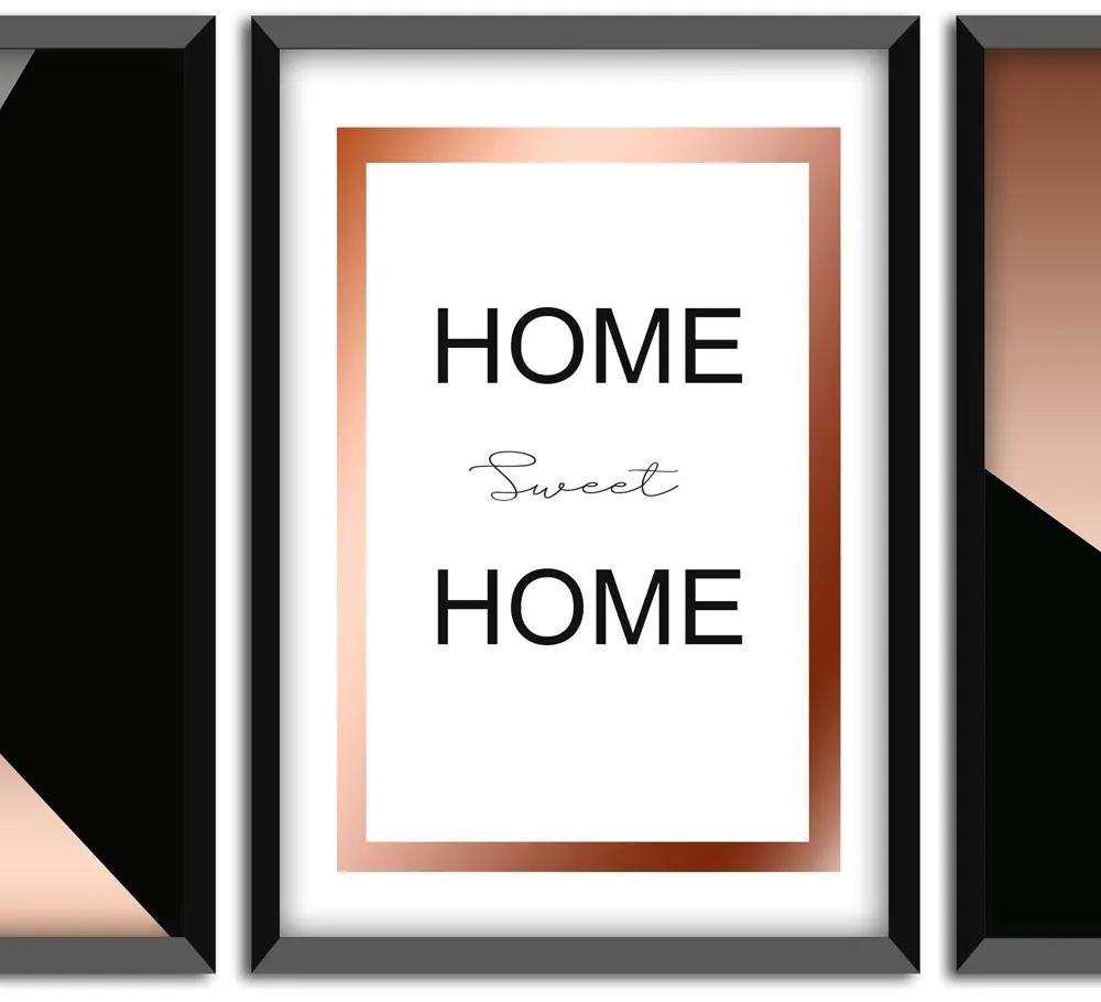 Kit 03 Quadros Decorativos Rose Gold "Home Sweet Home" 43x33 cm - D'Rossi