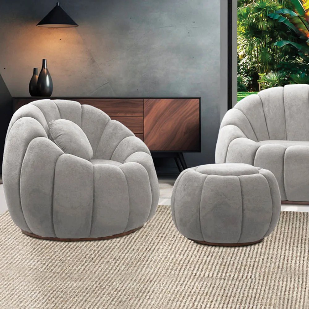 Poltrona Decorativa Orgânica Giratória com Puff Cloud Bouclê E03 - D'Rossi - Cinza claro