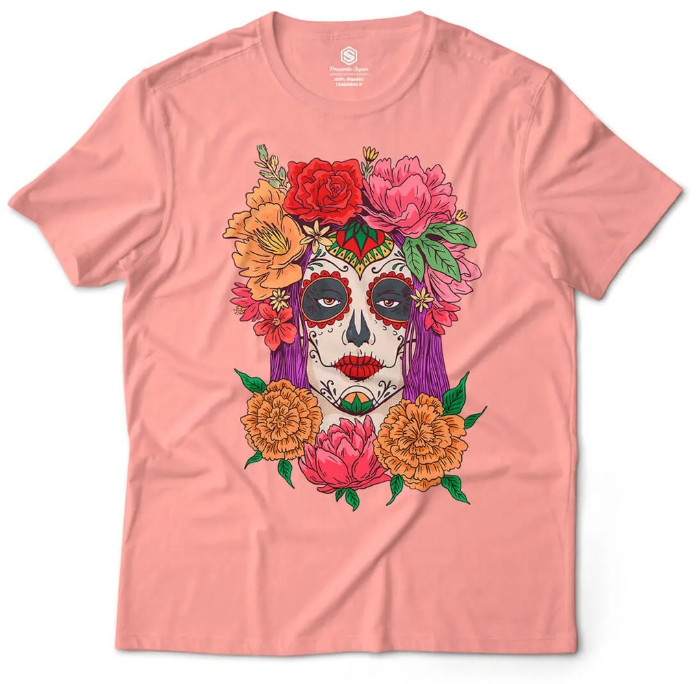 Camiseta Unissex Caveira Mexicana Mulher Dia de Los Muertos 2 - Amarelo Ouro - P