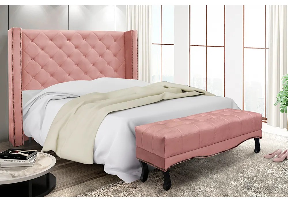 Cabeceira Cama Box Queen 160cm e Recamier Vicenza Veludo Rosa S04 - D'Rossi