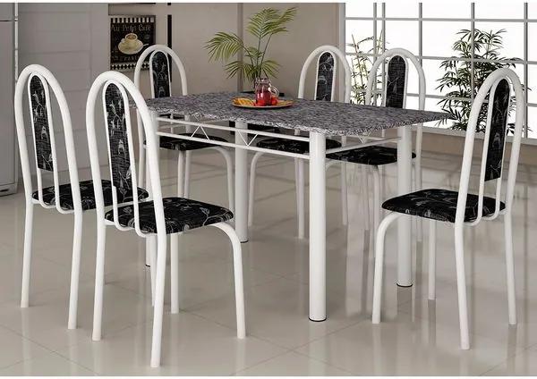 Mesa com 6 cadeiras Íris Branca, Tampo em Granito - Soma Eclipse-Preto