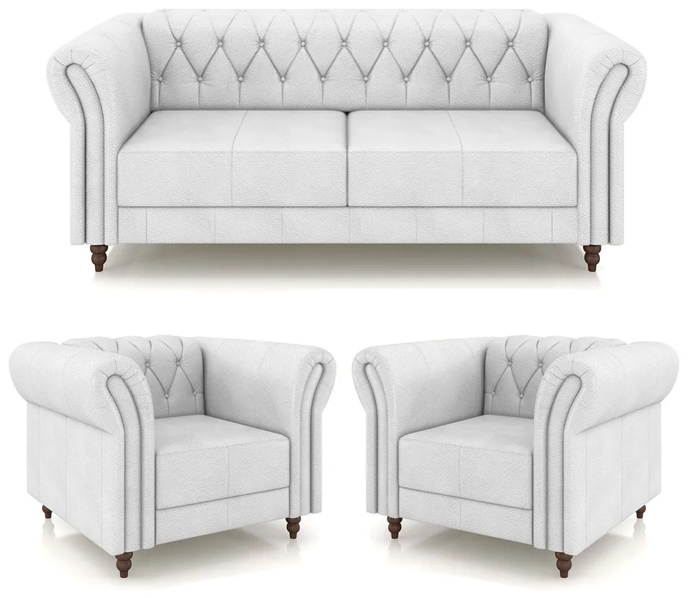 Conjunto Sala de Estar 1 Sofá Living 220cm e 2 Poltronas Stanford Chesterfield Pés Madeira Couro Branco G58 - Gran Belo