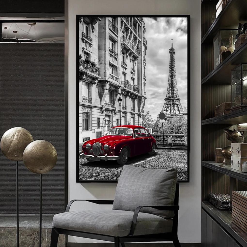 Quadro 150x100cm  Paris França Carro Vermelho Vidro Cristal e Moldura Preta Decorativo Interiores - Oppen House