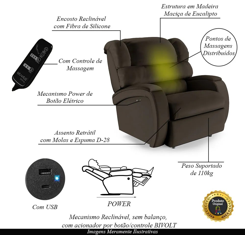 Poltrona do Papai Reclinável Napoli Power Touch Massagem PU Marrom FH1 - D'Rossi