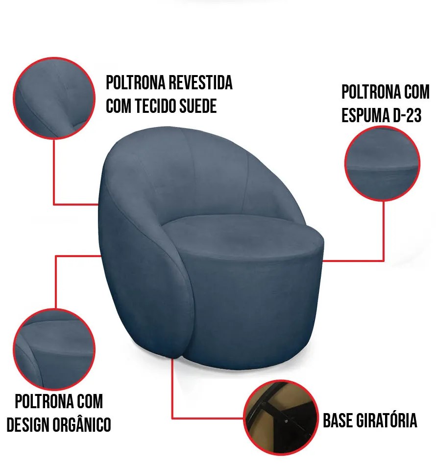 Poltrona Decorativa Orgânica Giratória Lua Suede Azul Marinho D03 - D'Rossi