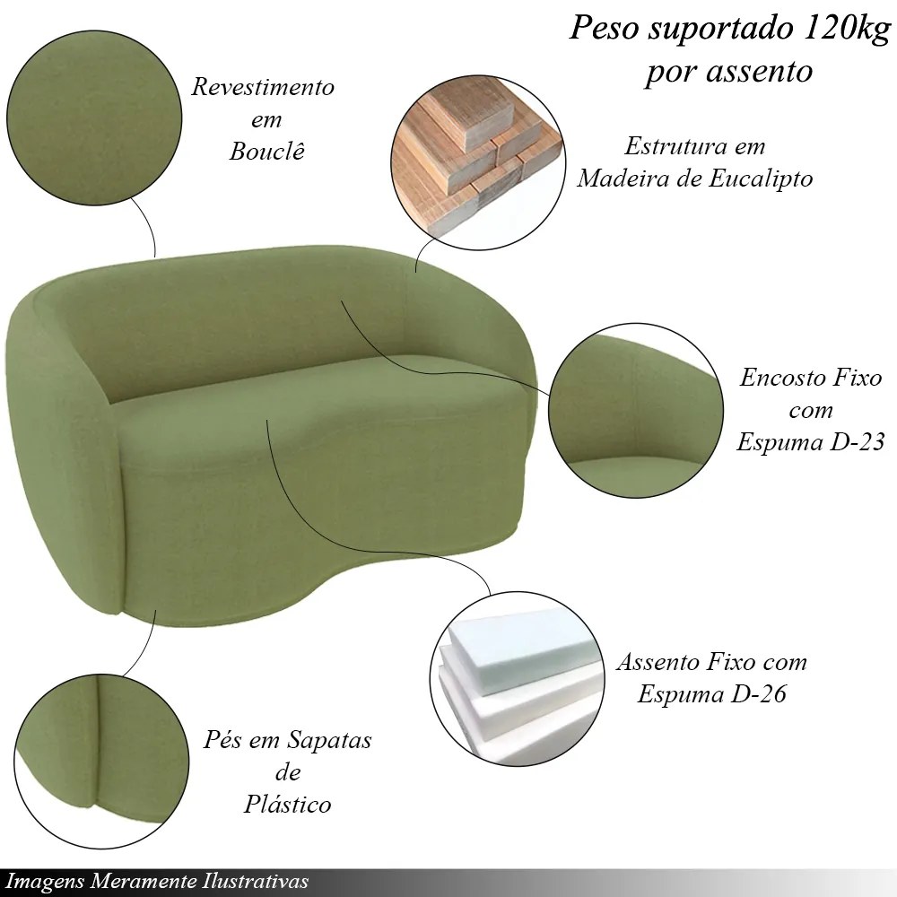 Sofá Living Decorativo 180cm 2 Lugares Íbis Encosto Fixo Bouclê Verde G33 - Gran Belo