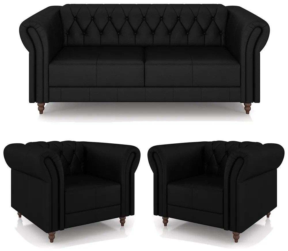 Conjunto Sala de Estar 1 Sofá Living 200cm e 2 Poltronas Stanford Chesterfield Pés Madeira Couro Preto Brilho G58 - Gran Belo