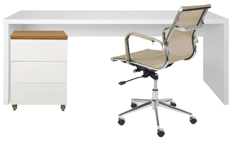 Conjunto Bancada Contemporânea Branco - 1,80m + Módulo Contemporâneo 3 gavetas Louro Freijó e Branco - 42,5cm + Cadeira Noruega Cobre