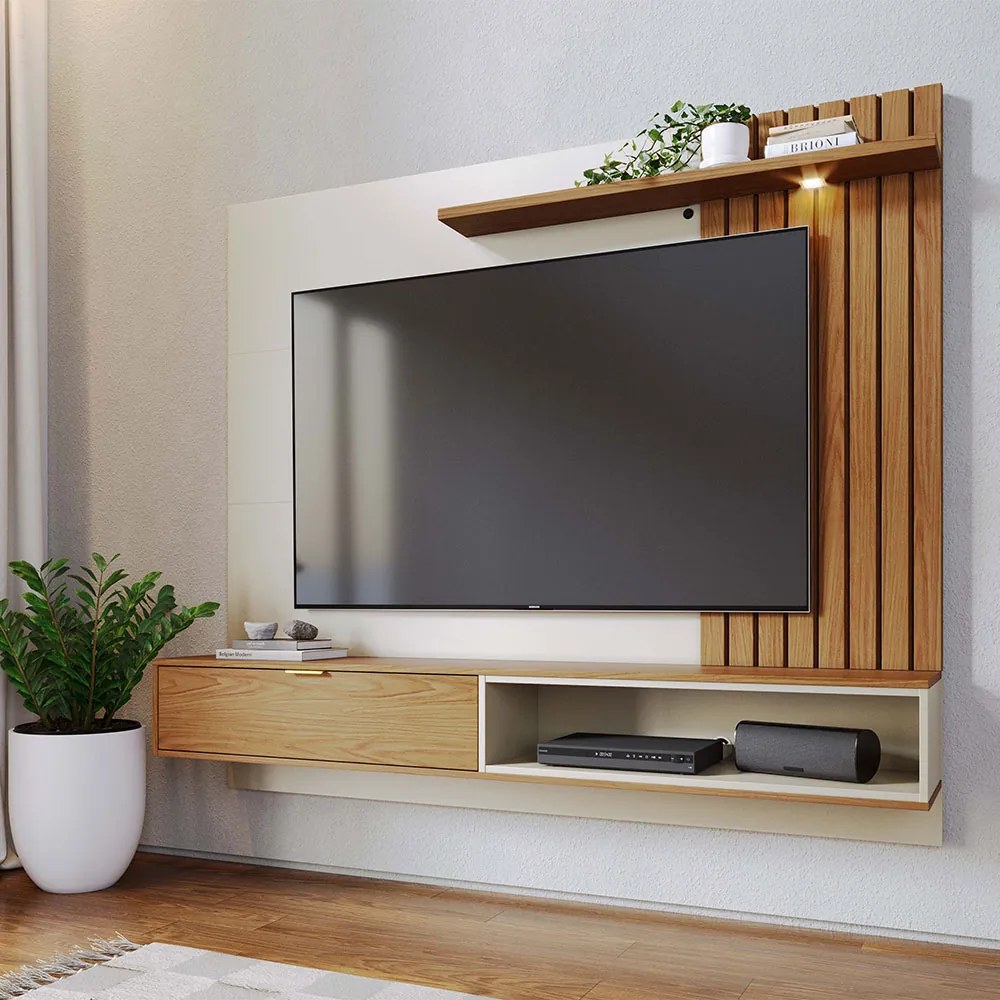 Painel TV 65 Pol 180cm Bancada Suspensa Zurique C04 - D'Rossi - Off White e Freijó