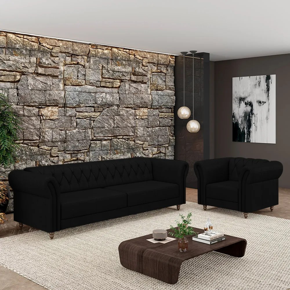 Conjunto Sala de Estar 1 Sofá Living 180cm e 1 Poltrona Stanford Chesterfield Pés Madeira Couro Preto G58 - Gran Belo