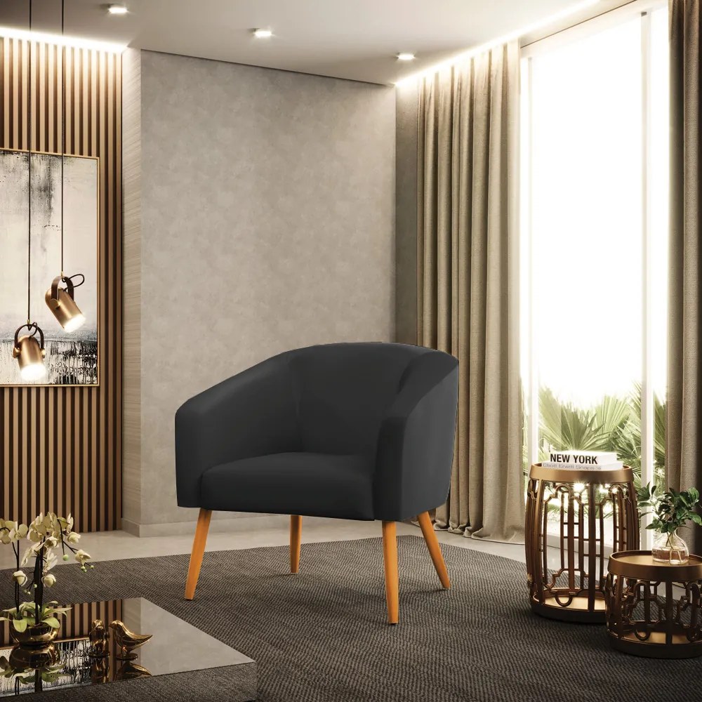 Poltrona Decorativa Pé Palito Castanho kit 2 Stella Sintético D03 - D'Rossi - Preto