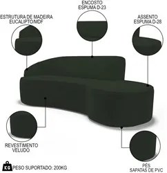 Sofá Living 2 Lugares 180cm Braço Esquerdo Mozart D06 Veludo Verde - M