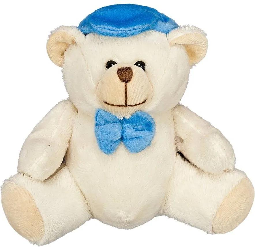 Urso Soft Marfim Pequeno Boné Azul