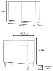 Armário Aéreo Califórnia e Balcão Hawai com Tampo 80cm Preto/Cinza - L