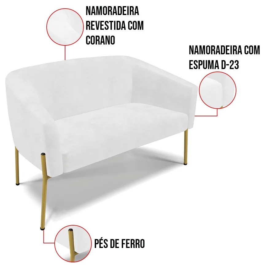 Sofá 2 Lugares Namoradeira Pé de Ferro Dourado Stella Sintético PU D03 - D'Rossi - Branco