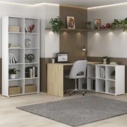 Mesa Escrivaninha em L Eron e Estante Livreiro 90x187cm Lean A06 Branc