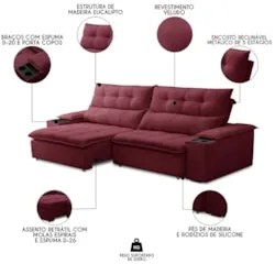 Sofá Retrátil 3 Lugares com Porta Copo 230cm Malta F05 Veludo Bordô -