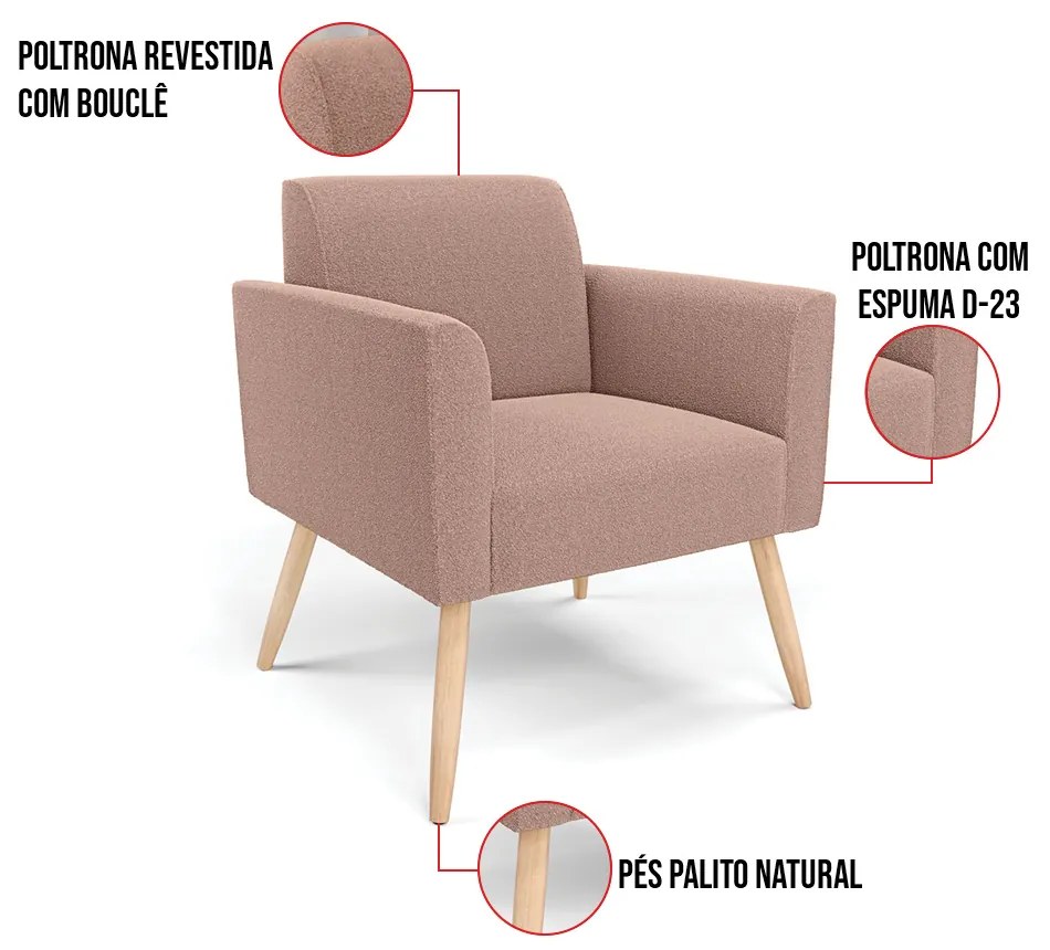 Namoradeira e 2 Poltronas Pé Palito Natural Marisa Bouclê Rosê D03 - D'Rossi