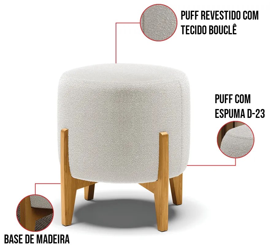 Puff Banqueta Decorativo Base Madeira Stella Bouclê D03 - D'Rossi - Off White