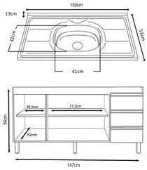 Balcão Gabinete Com Pia 150cm 3 Portas Karen P14 Branco - Mpozenato