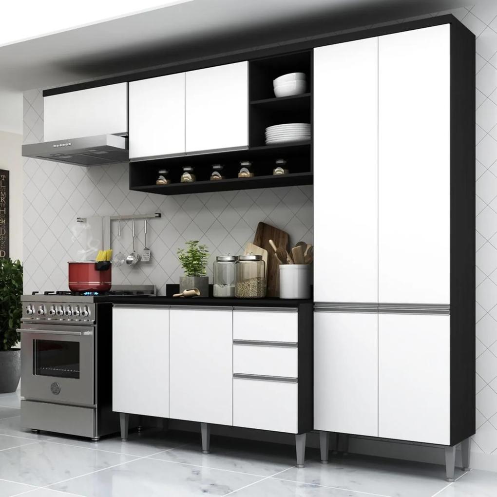 Cozinha Completa Multimóveis Suíça 5195ML com Balcão 10 Portas 2 Gavetas Preto/Branco