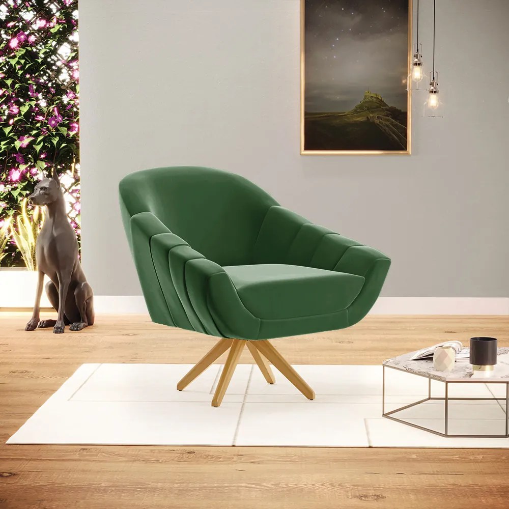 Poltrona Giratória Giovana Suede Verde Base Madeira MA30 - D'Rossi