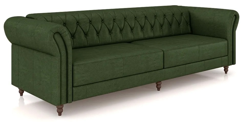 Sofá Living Sala de Estar Stanford Chesterfield 3 Lugares 240cm Pés de Madeira Couro Verde Manchado G58 - Gran Belo