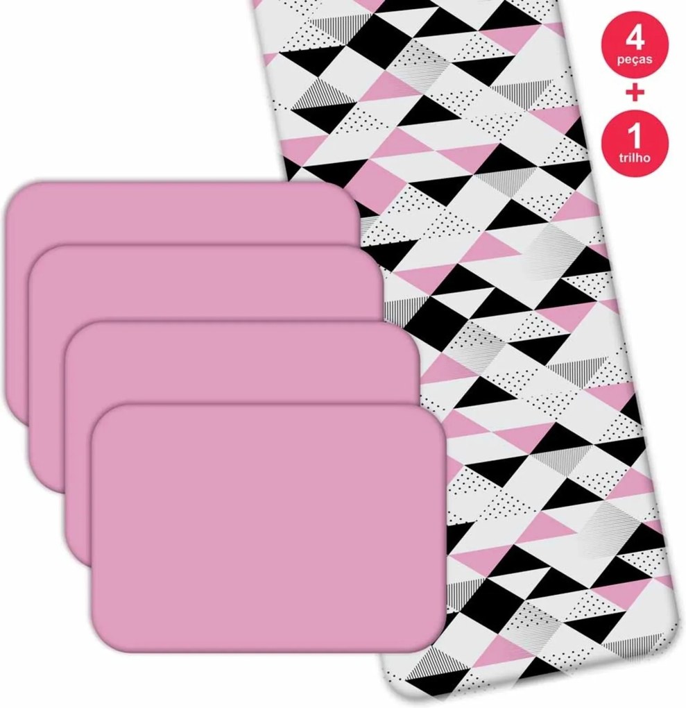 Jogo Americano Triângulos Rosa - Love Decor Com trilho Kit 4 Peças + 1 Trilho.