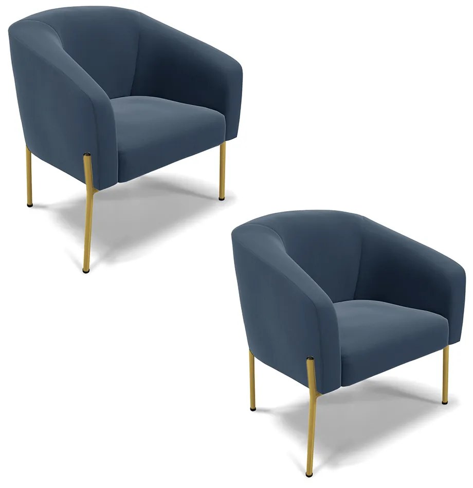 Poltrona Decorativa Pé de Ferro Dourado Kit 2 Stella Suede Azul Marinho D03 - D'Rossi