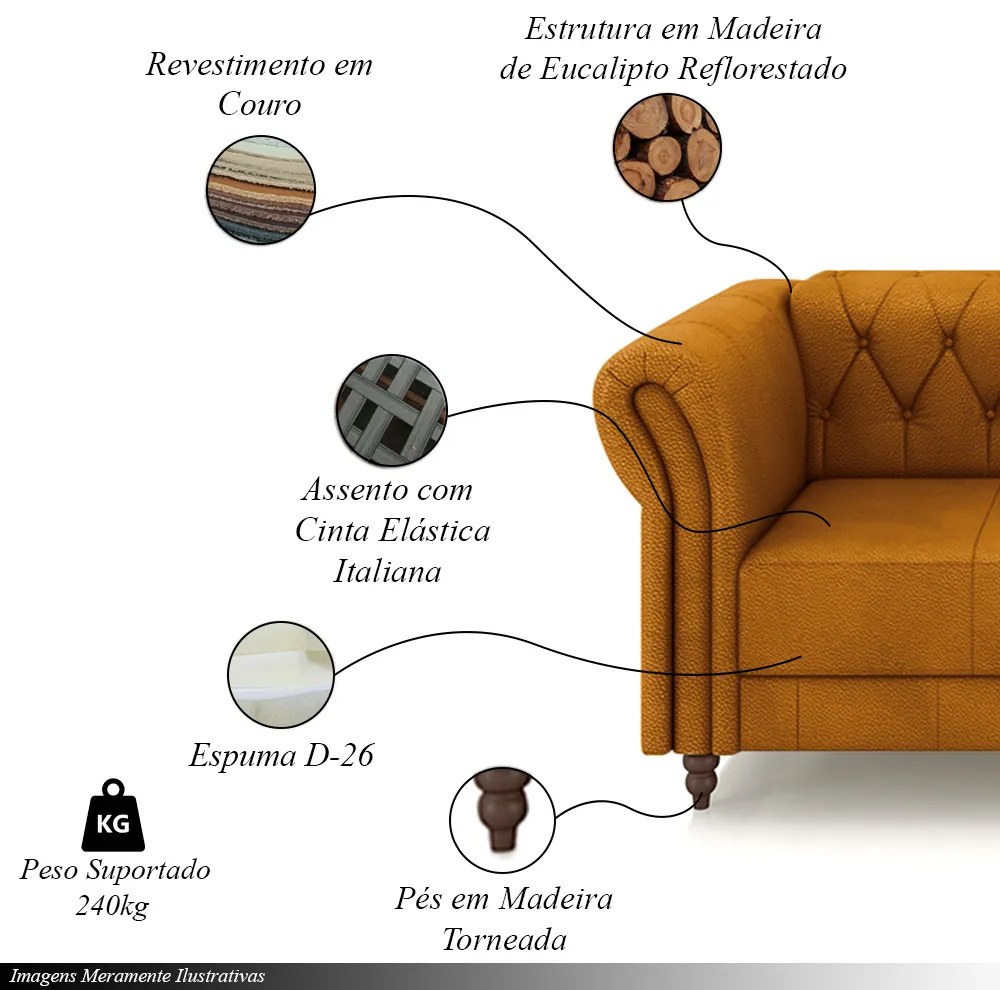 Sofá Living Sala de Estar Stanford Chesterfield 3 Lugares 260cm Pés de Madeira Couro Mel G58 - Gran Belo