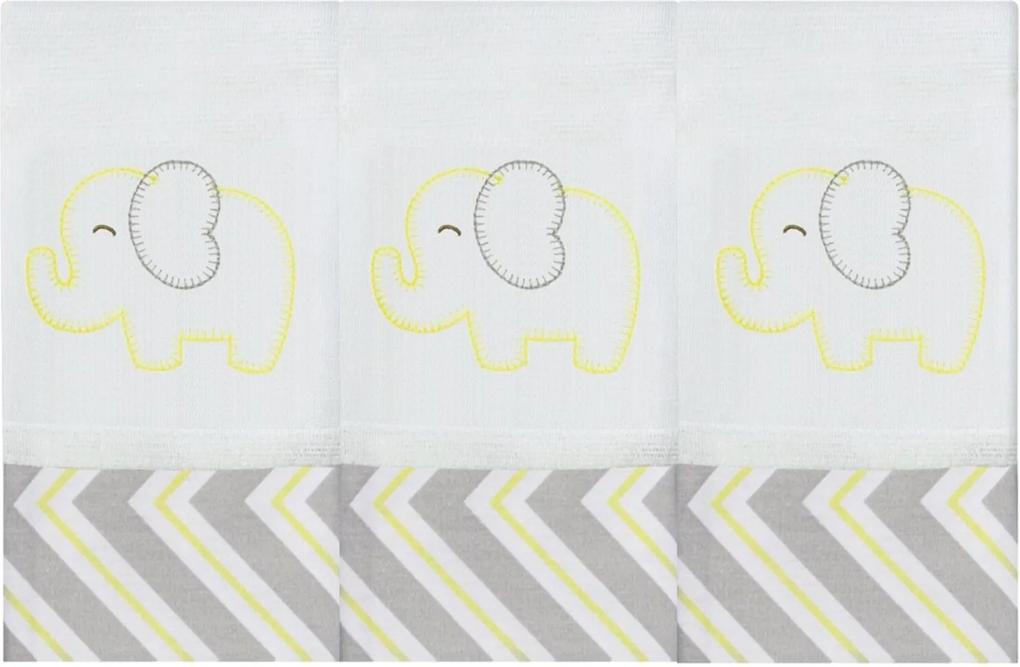Babete 03 Pçs - Bordada Elefante Chevron Amarelo