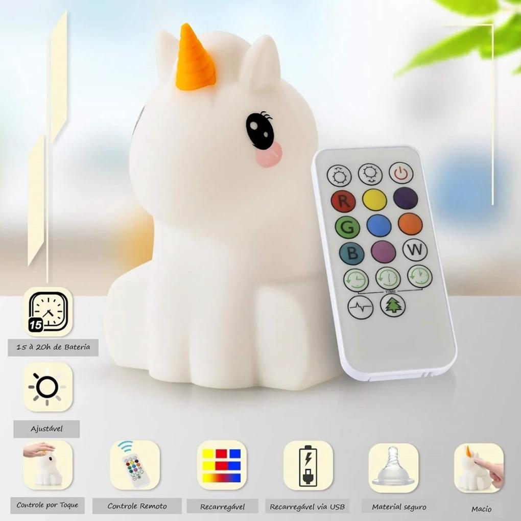 Abajur luminária Led Infantil sem fio (recarregável via USB) com controle remoto Pet Light Unicórnio Multicores