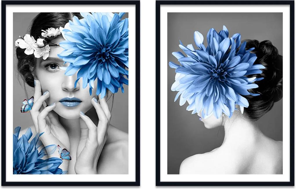 Quadro 67x100cm Eda Mulher com Flores Azuis Nórdico Moldura Preta Sem Vidro
