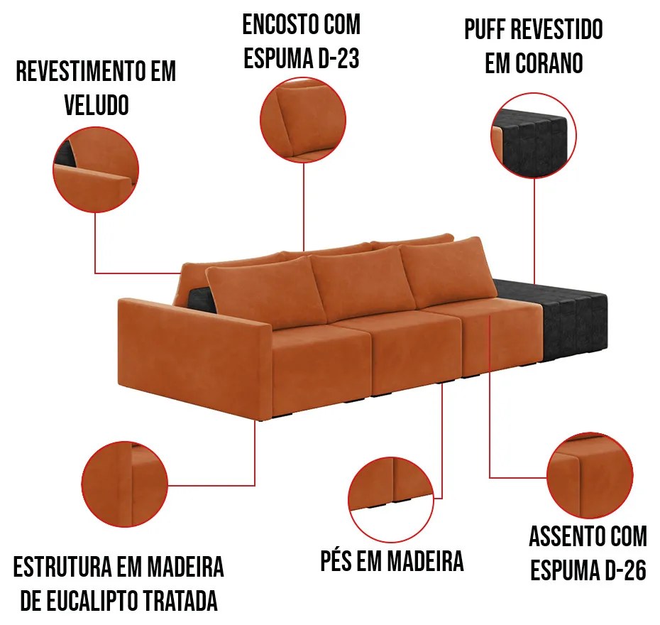 Sofá Ilha 3 Lugares Living 372cm Modulado Sala Lary Veludo/PU Pto K01 - D'Rossi - Terracota