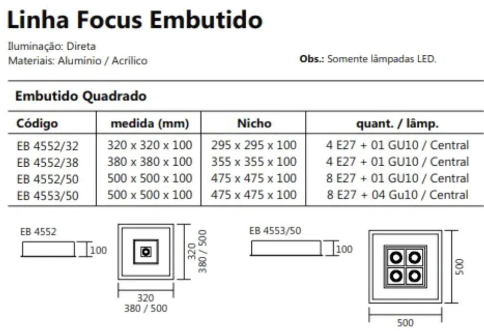 Luminária De Embutir Focus Quadrado C/ Aba 4Xe27 + 1Xmr16 38X38X10Cm |... (FN-F - Fendi Fosco)