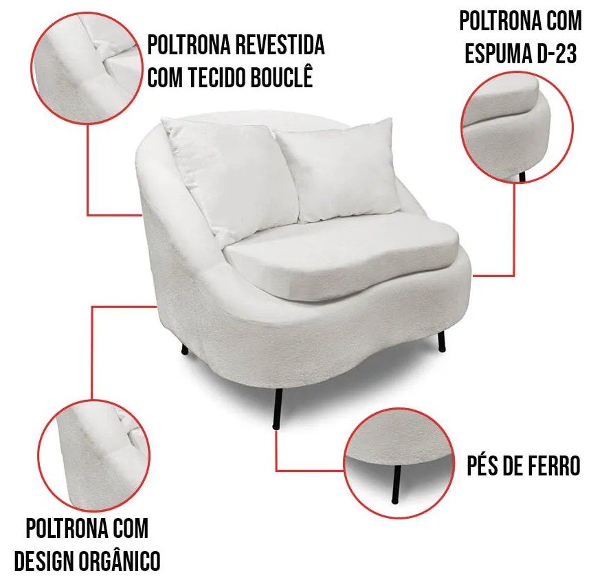 Poltrona Decorativa Orgânica Pé Ferro Pto Zaya Bouclê Off White C05 - D'Rossi