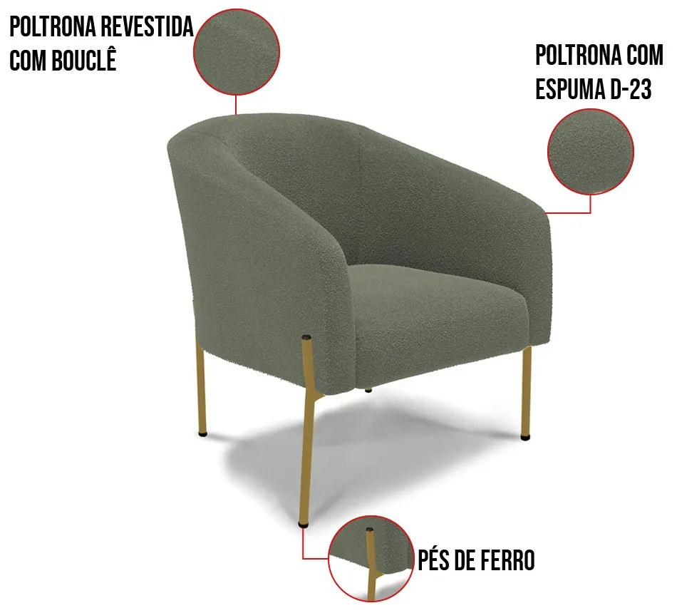 Namoradeira e 2 Poltronas Pé Ferro Dourado Stella Bouclê D03 - D'Rossi - Verde Pistache